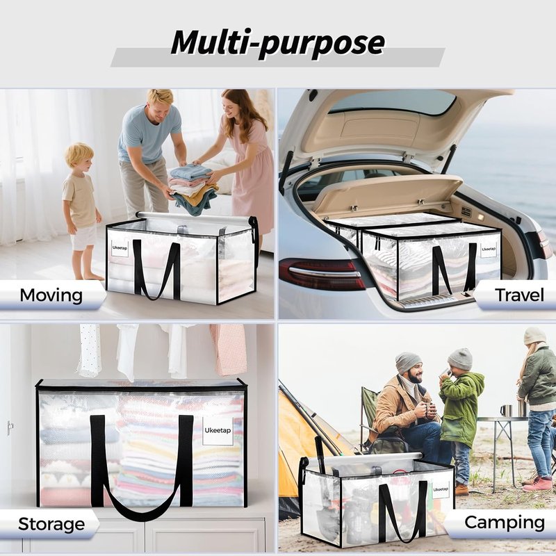 Extra Large Heavy Duty Moving Bags - 8 Pack Clear Storage Totes with Reinforced Handles & Zippers | Ideal for Clothes & College Supplies