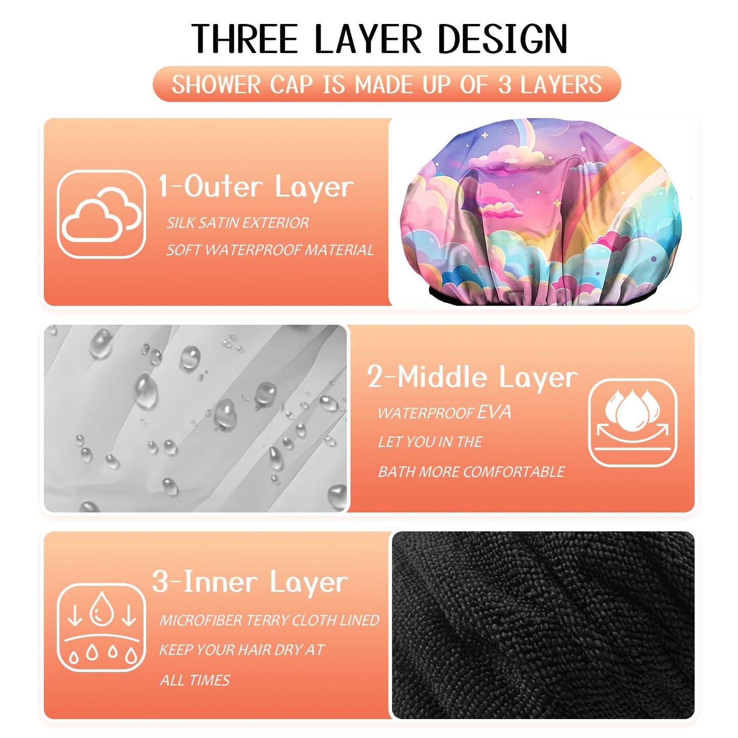 Cabreche Luxury Shower Cap Terry Lined Reusable Triple Layer Waterproof Hair Elastic Caps Shower Bath Hat for Women Girls Cute Aesthetic-Pink Cloud