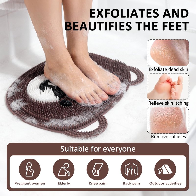 EaTubano Foot Scrubber Mat for Shower – Silicone Exfoliating Foot Scrub, Dead Skin & Callus Remover, Non-Slip with Suction Cups, Bath Mat for Feet, 14.5" x 11" Brown