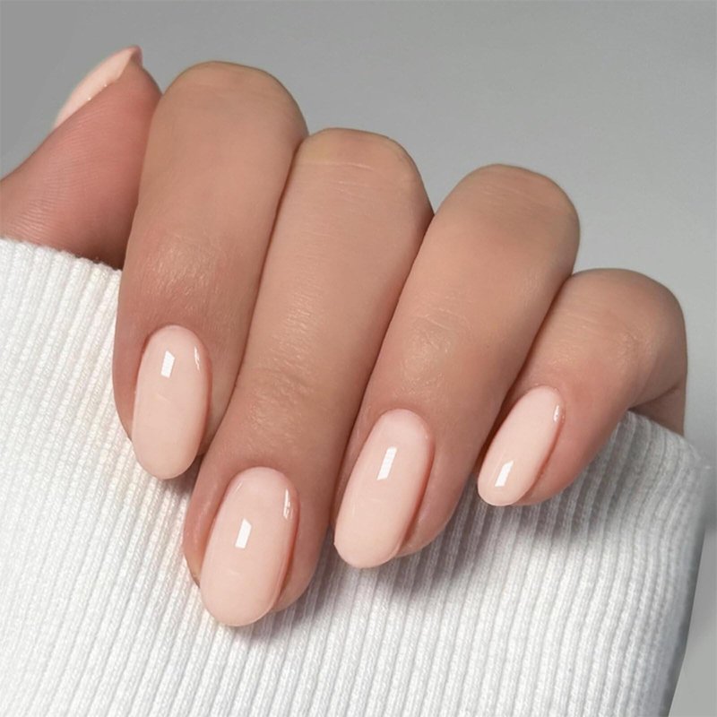Press on Nails Short Oval Fake Nails Beige Pink False Nails with Pure Elegant Designs Glossy Full Cover Glue on Nails Stick on Nails Acrylic Nails for Women Girls 24 Pcs