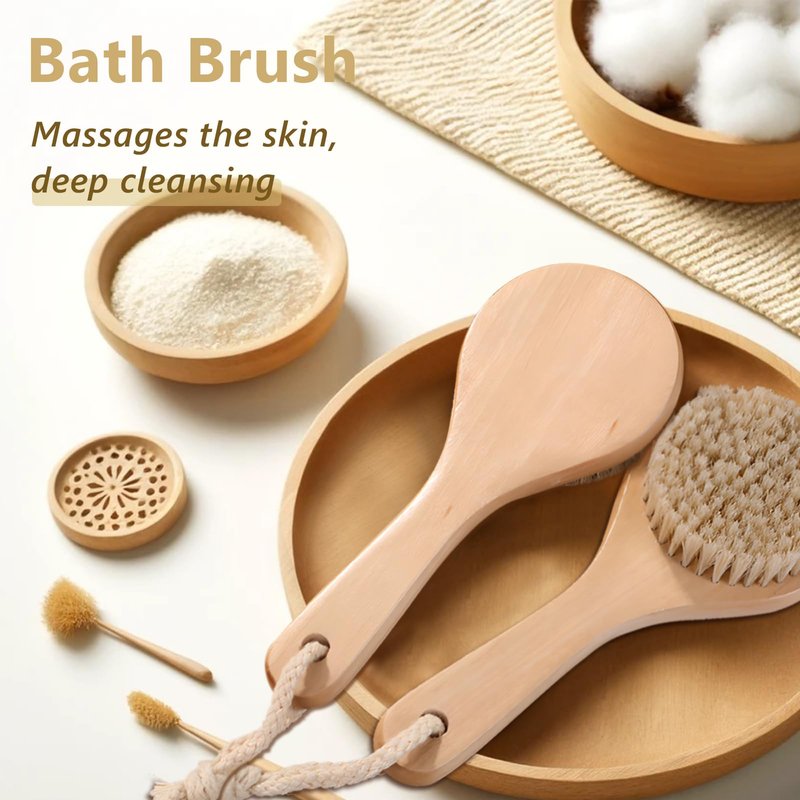 Jaasuee Dry Bath Body Brush with Short Handle, Natural Bristles Back Scrubber, Anti-Slip Wooden Handle for Exfoliation, Blood Circulation, and Cellulite Reduction, Brown
