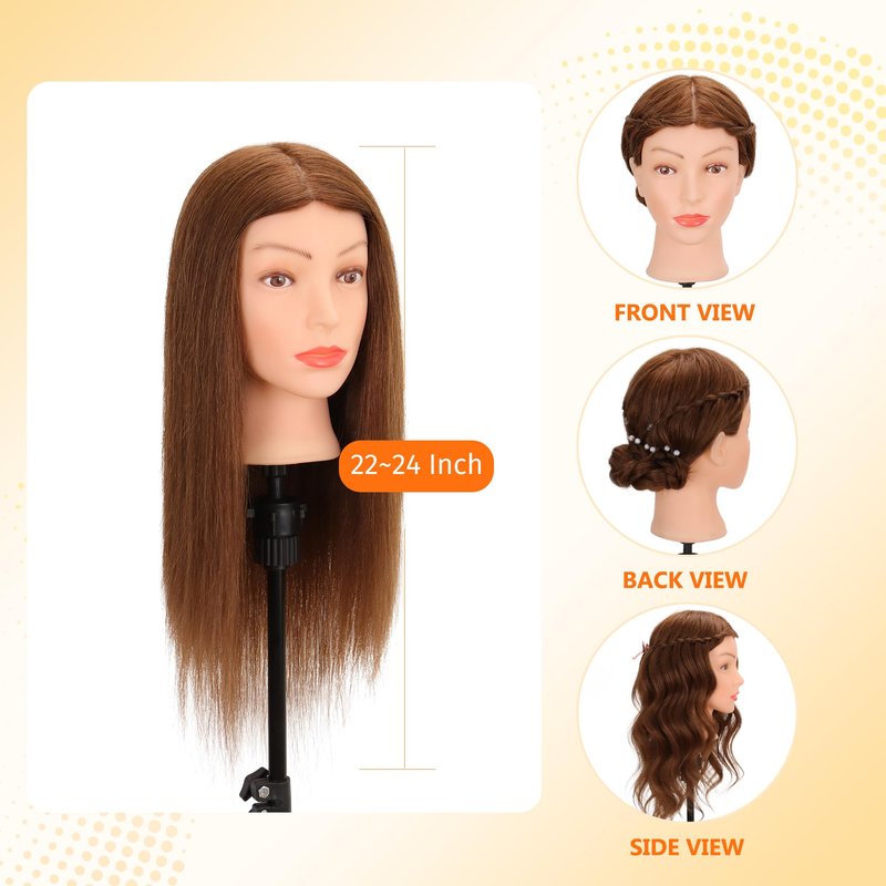 Mannequin Head with 100% Real Human Hair Cosmetology Training Doll Head for Hair Styling Cutting Braiding (Dark Brown)