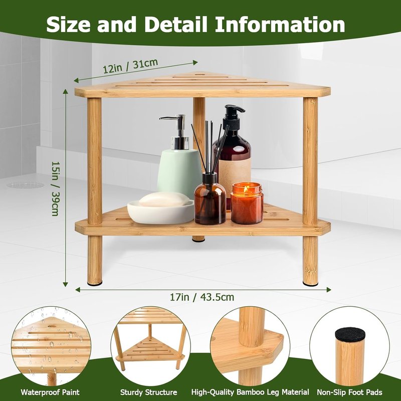 Shower Foot Rest - Waterproof Bamboo Shower Stool for Shaving Legs | 15in Corner Design with Storage Shelf