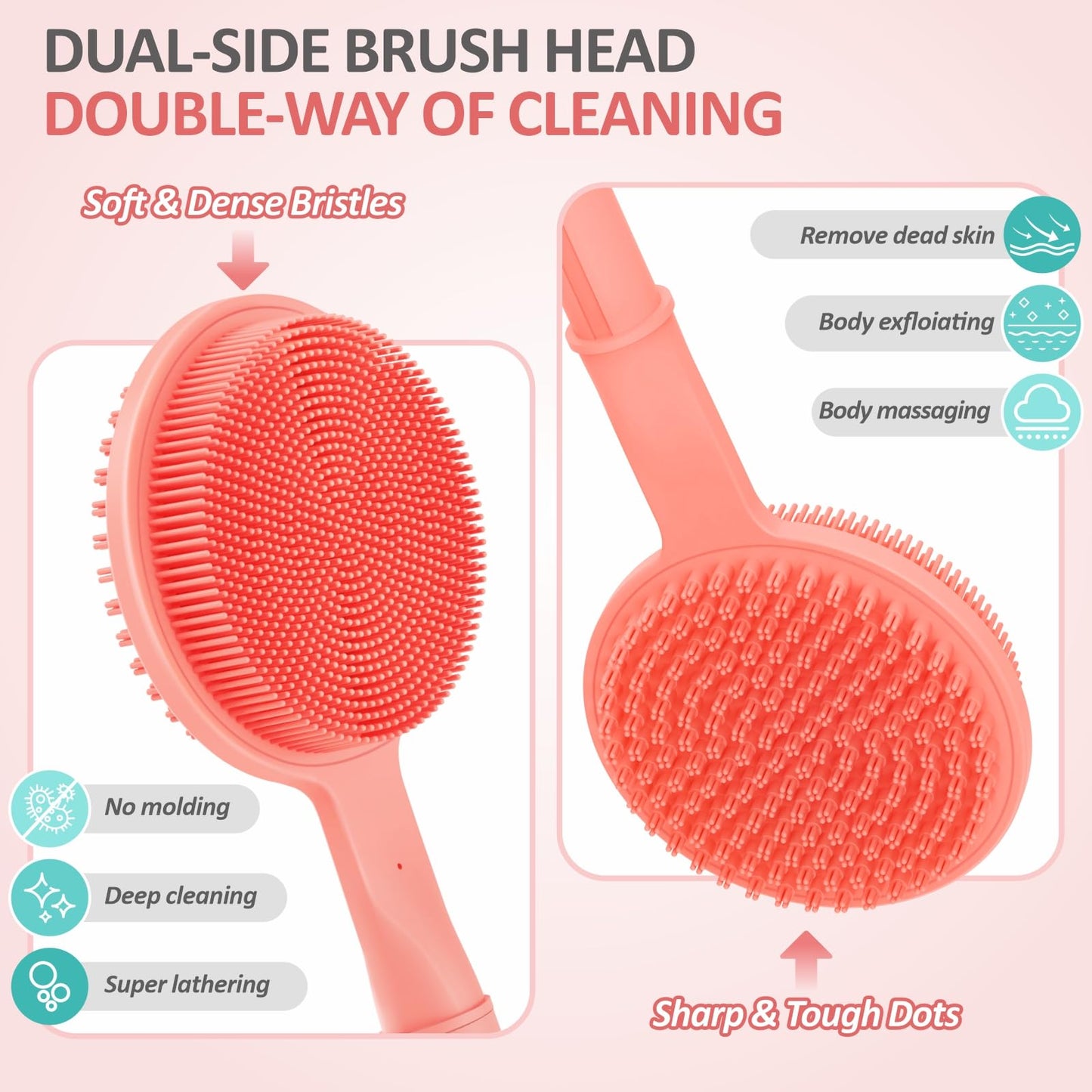 GEENOA Adjustable Silicone Back & Face Scrubber Set, 16''-24'' Extendable Shower Back Scrubber with Dual-Side Head and Lathering Bristles, Manual Face Scrubber with Soft Bristle Non-Slip Handle(Pink)