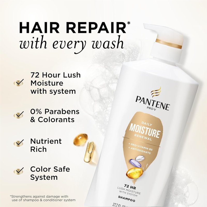 Pantene Daily Moisture Renewal Shampoo - Pro-V Nutrients for Dry, Color-Treated Hair | 27.7 Oz Each, 2-Pack + Miracle Rescue Shot (0.5 Oz)