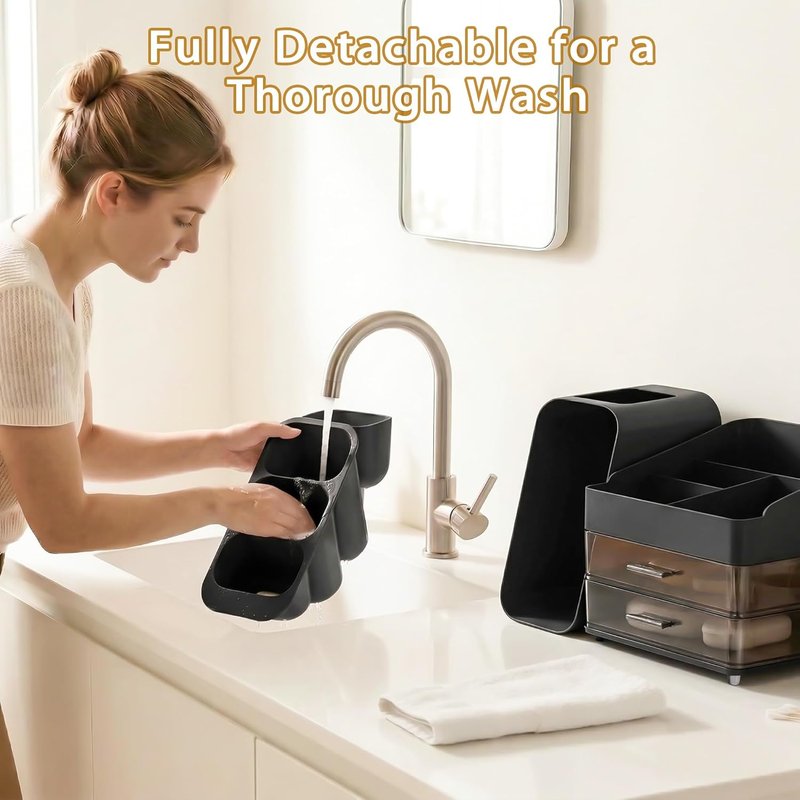 Makeup Organizer - Large Capacity Countertop Storage with Brush Holder | Thickened Material, Black