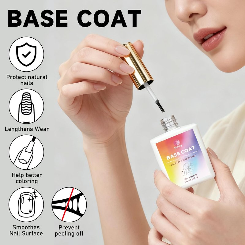 Karroy No Wipe Gel Polish Top Coat & Base Coat Set, 2PCS 18ml, High Gloss Shine Long-Lasting, Soak Off UV/LED Light Cured