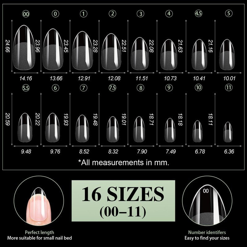 Cycullinyt 480pcs Sculpted Medium Almond Soft Gel Nail Tips, Professional False Nail Tips with Box - 16 Sizes Full Cover Clear Acrylic Press On Fake Nails for Extension Manicure Salon DIY at Home