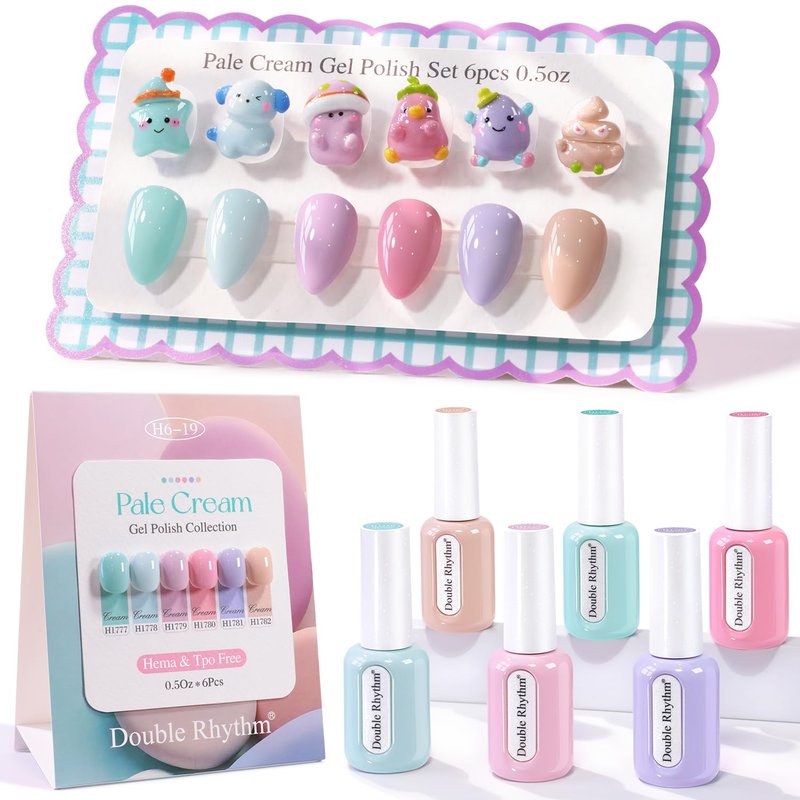 Double Rhythm Gel Polish Set - 6 Pcs Hema-Free Soak Off Nail Kit | Cream, Teal, Nude, Pink, Purple - 0.50 OZ Each