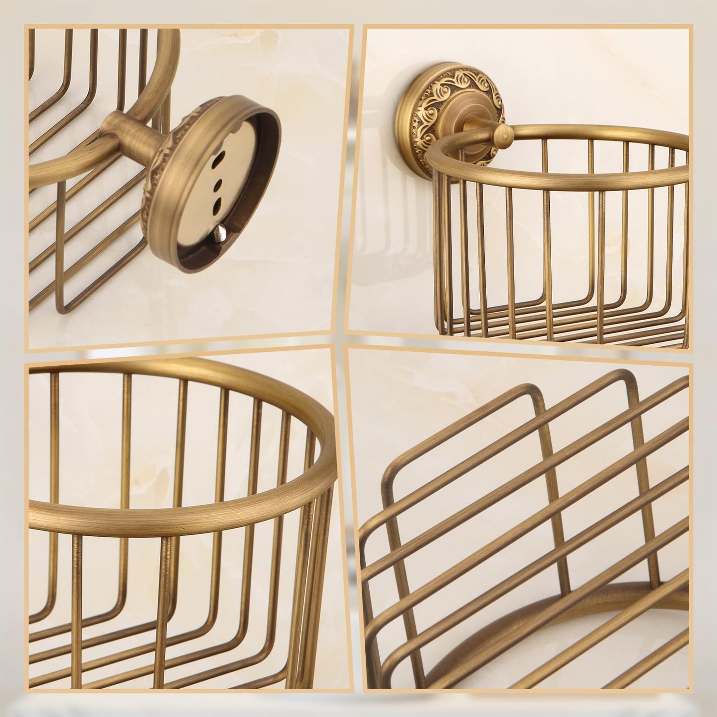 Vintage Wall-Mounted Toilet Paper Holder with Wire Basket Design, Antique Brass, Wall-Mounted Bath Hand Towel Holder with Braiding Carvings, Vintage Style.