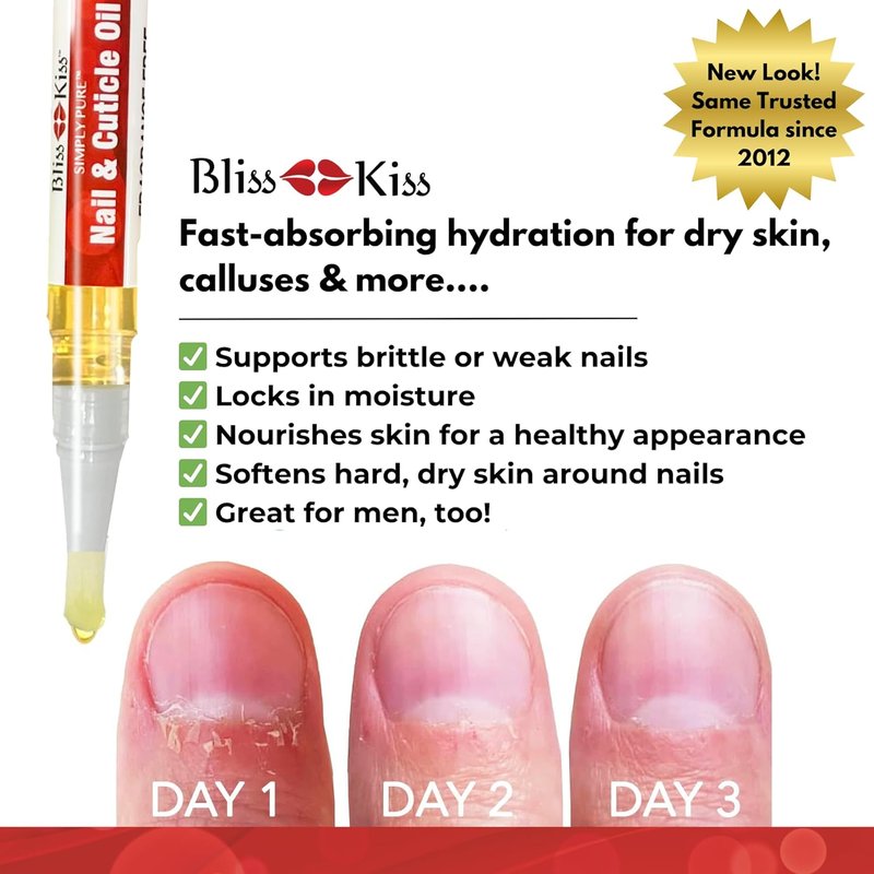 Bliss Kiss Fragrance-Free Nail Oil Cuticle Pens - Vitamin E & Jojoba | Nail Strengthener for Brittle, Peeling Nails