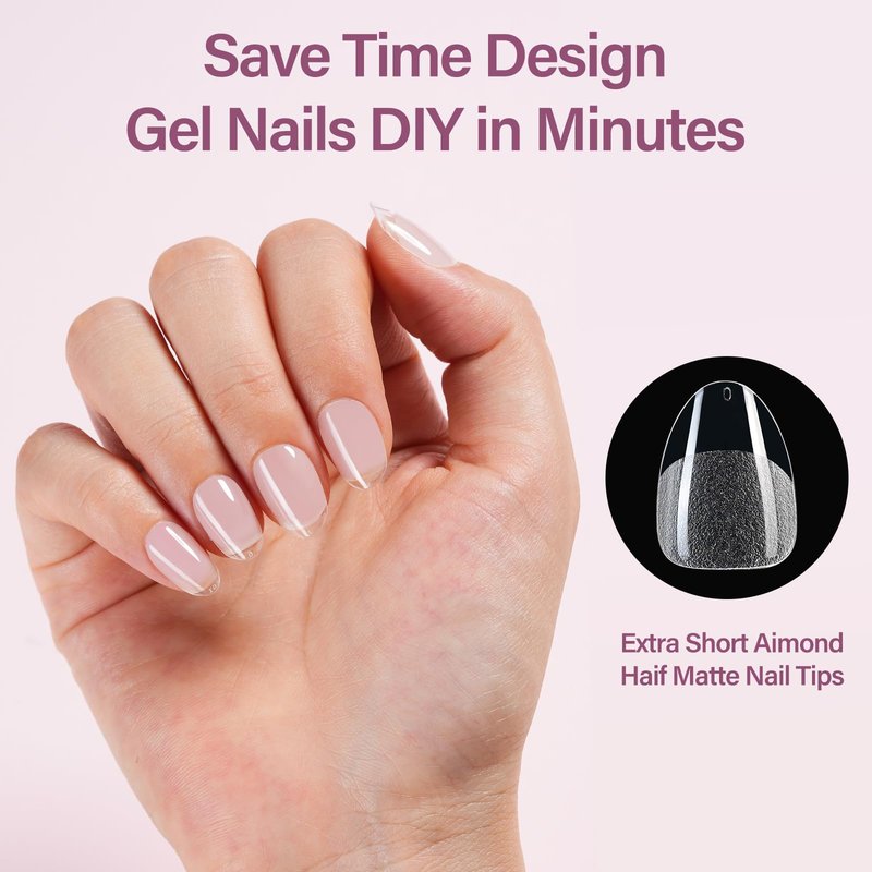 Misssix Extra Short Almond Gel Nail Tips Kit, 216Pcs Pre Etched Clear Fake Nails, Full Cover False Nail 9-in-1 Gel Glue and Portable Mini U V Nail Lamp for Women 12 Sizes