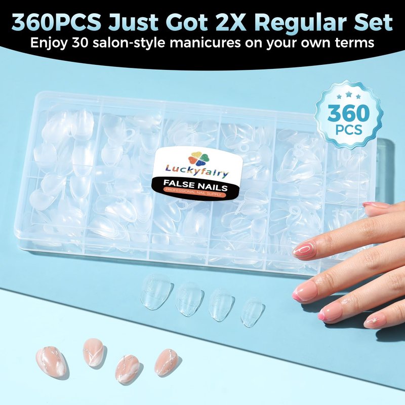 Almond Nail Tips - 360pcs Soft Gel Pre-Shaped Acrylic XS Fake Nails | Half Matte Full Cover Clear Press-On Tips for Home DIY Manicure