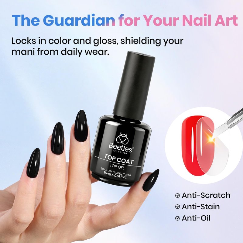 Beetles 2 Pcs 15ml No Wipe Gel Top Coat and Base Coat Set - Shine Finish and Long Lasting Soak Off LED Nail Lamp Gel Base Top Coat Stay Lock Shine Duo Finish Nail Art Design Manicure Gifts for Women