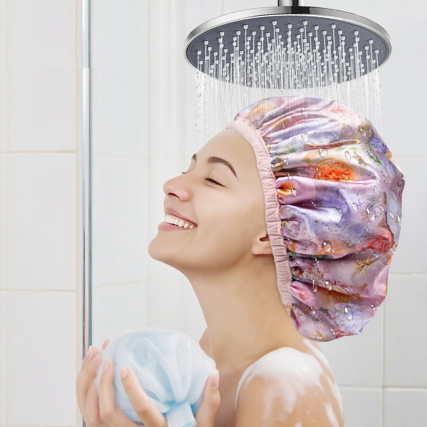 Upgraded Waterproof Terry Shower Caps, Reusable Shower Cap for Women with Long Hair, Soft Absorbent Hair-Protecting Towel Lining Bath Cap, Large Leak-Proof Hair Cap with Fashionable Print Outer-Pink