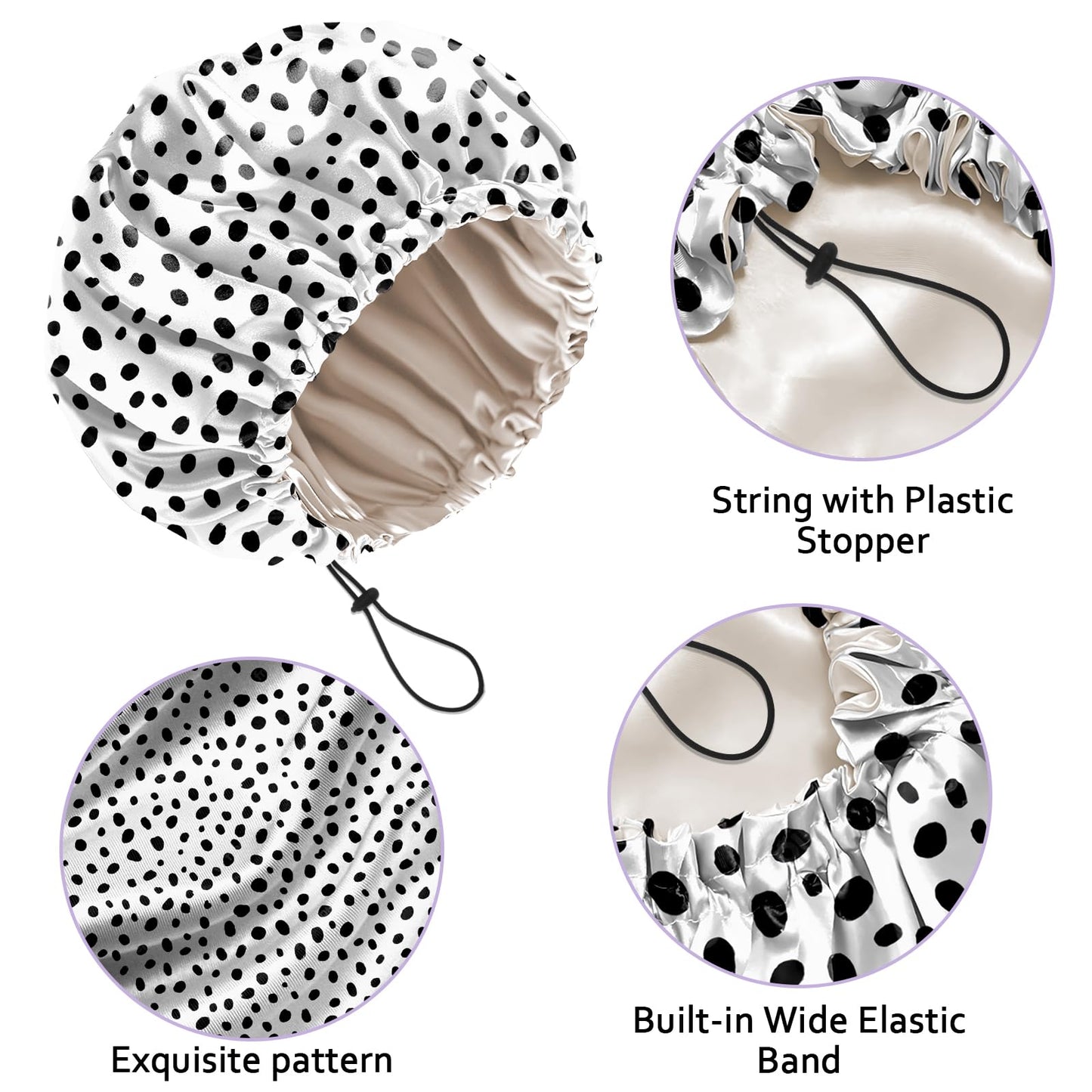 Deokke Luxury Shower Cap Silk Satin Lined Waterproof Reusable Adjustable Elastic Dry Hair Bathing Caps Cute for Women Girls-Spot