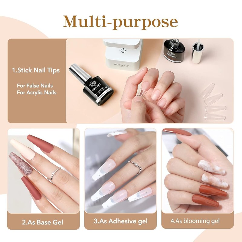 modelones 9 in One X Gel Nail Glue Prep Dehydrator for Nail Tips, Acrylic & False Press On Nails, Blooming Gel Adhesive Bond Base Coat Long Lasting Need U V DIY Home Salon Manicure Gift For Women