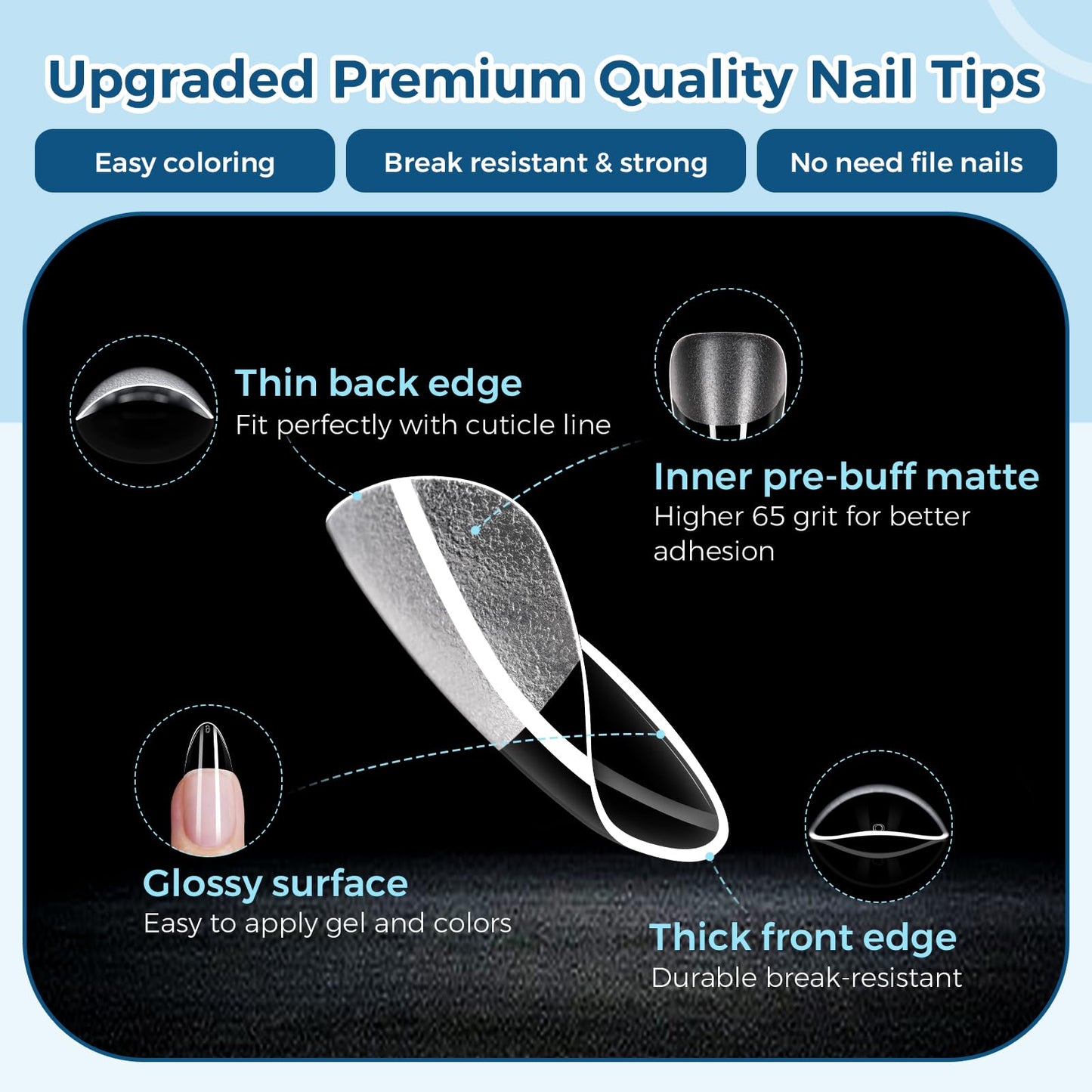 TOMICCA Medium Almond Nail Tips, 510Pcs 15 Sizes Pre Shaped Half Matte Soft Acrylic Gel Nail Tips Almond Shape Clear Press on Nails Extensions Full Cover False Tips for Manicure Salon DIY at Home