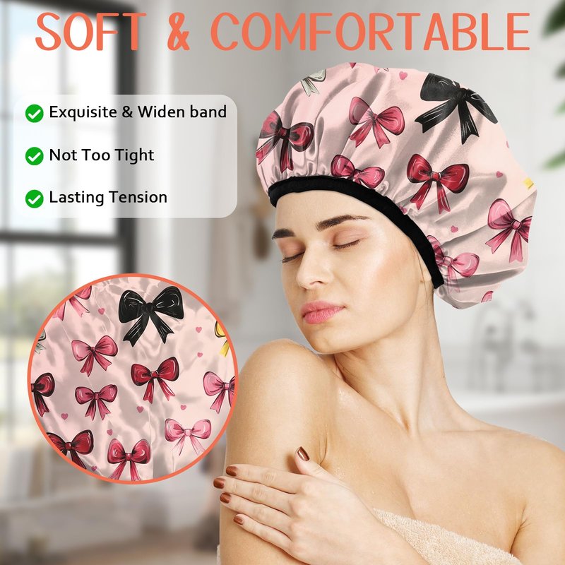 Cabreche Luxury Shower Cap Terry Lined Reusable Triple Layer Waterproof Hair Elastic Caps Shower Bath Hat for Women Girls Cute Aesthetic-Pink Bowknot
