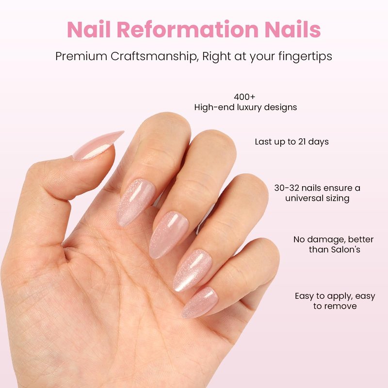 Nail Reformation Press On Nails, Soft Pink Short Almond Fake Nails with Velvet Cat Eye in Glossy Finish, Salon Quality, Reusable Stick On Nails in 16 Sizes - 32 Nail Kit with Glue, Gifts for Women