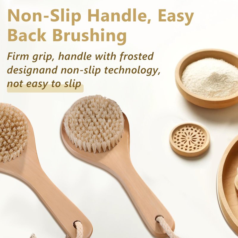 Jaasuee Dry Bath Body Brush with Short Handle, Natural Bristles Back Scrubber, Anti-Slip Wooden Handle for Exfoliation, Blood Circulation, and Cellulite Reduction, Brown