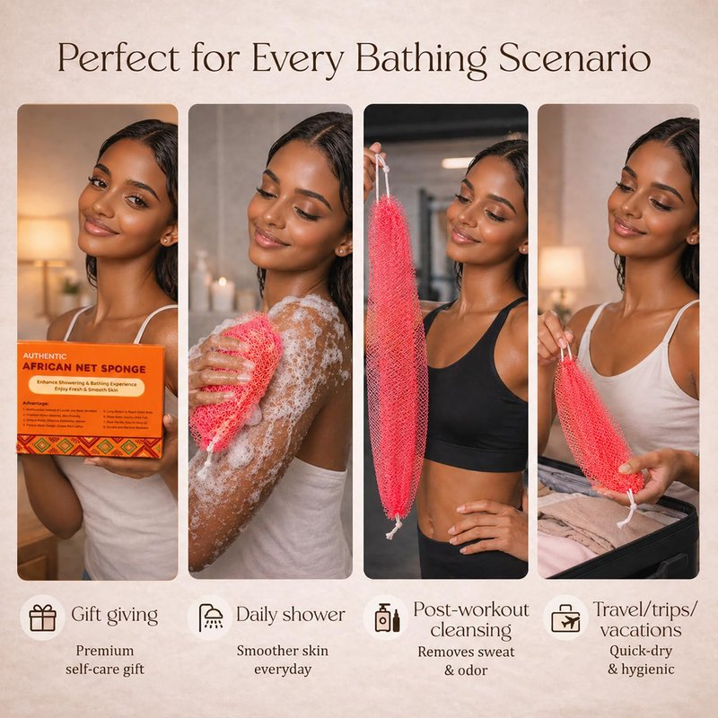 African Net Sponge Authentic, 6 Pcs Real African Exfoliating Net Sponge with Knots for Daily Shower Stretch Back Scrubber for Women and Men Bath Travel Gift Gym Use (6 Pcs)