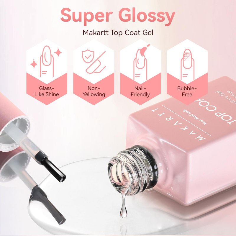 Makartt Gel Top Coat - 2PCS No Wipe Top Coat Gel Nail Polish, Long-Lasting Glossy Finish, Clear Nail Polish, Non-Yellowing, Pink Bottle, Soak Off with UV/LED Lamp, DIY Manicure Gift for Women