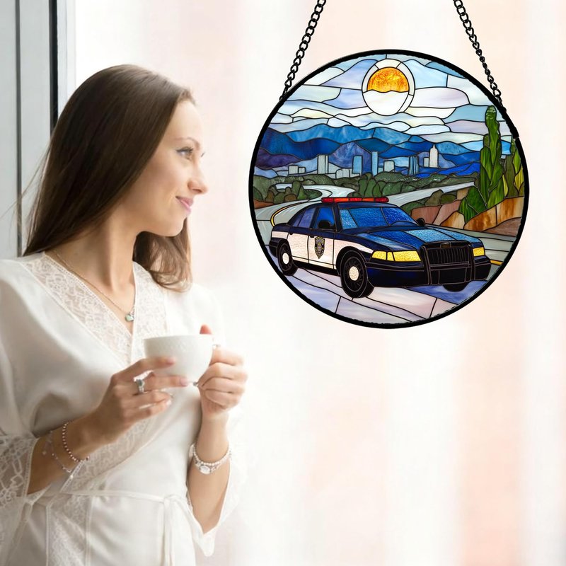 QZQCBLC Stained Glass Window Hanging Blue White Sunset Police Car 6.3" - Suncatcher Door Garden Sun Catcher Home Decor Birthday Christmas for Mom Men Woman Wife Friend Nana