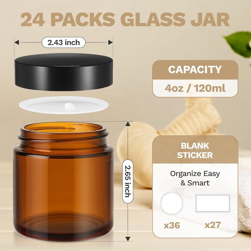 Bumobum 24 Pack Amber Glass Jars - 4 oz Cosmetic Containers with Lids & Inner Liners for Creams & Scrubs