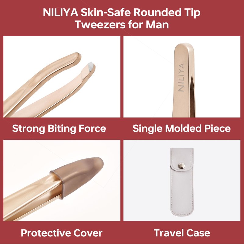 NILIYA Tweezers for Man, Professional Round Tips Plucker for Chin, with Leather Travel Case (Light Gold)