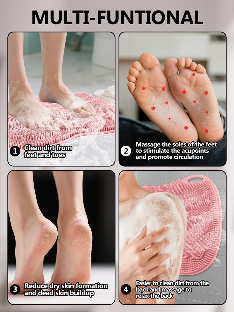 Kalolary Silicone Shower Foot Scrubber Mat, Large Foot Scrubber in Shower with Non Slip Suction Cups Foot Cleaner Brush to Clean Exfoliate and Massage Feet Without Bending Over Easy to Clean (Pink)