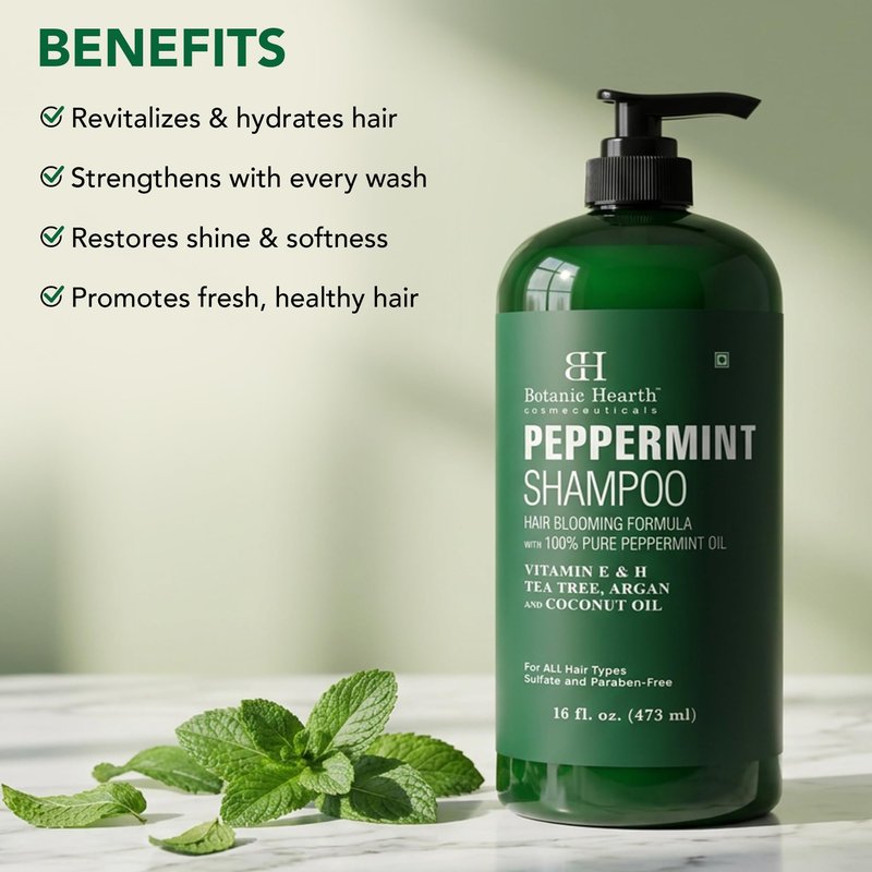 Botanic Hearth Peppermint Oil Shampoo | Hair Blooming Formula With Keratin For Thinning Hair | Fights Hair Loss, | Sulfate Free For Men And Women | 16 Fl Oz