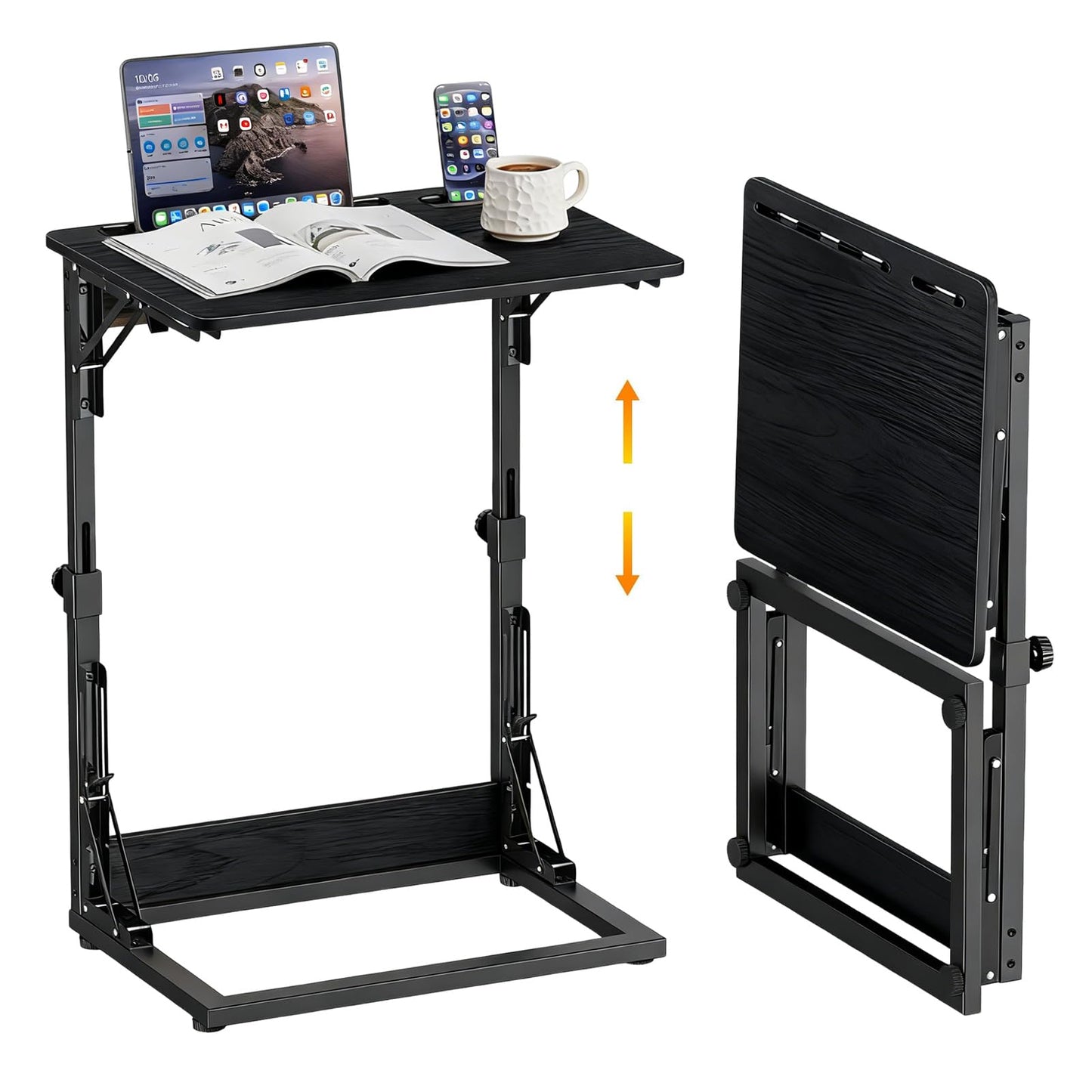 Folding TV Tray Table,TV Dinner Tray Table,Adjustable Height TV Trays for Eating on Couch,C Shaped End Table with Tablet and Phone Slots,Foldable Side Table&Laptop Desk for Sofa&Bedside&Recliner