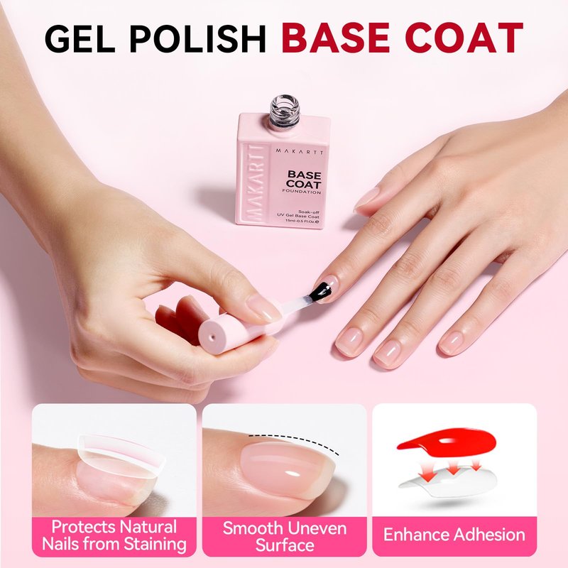 Makartt Gel Base Coat: 15ml Upgraded Formula Base Coat Gel Nail Polish Long Lasting Clear Gel Polish Soak Off UV LED Lamp Needed for Home DIY Gift Women