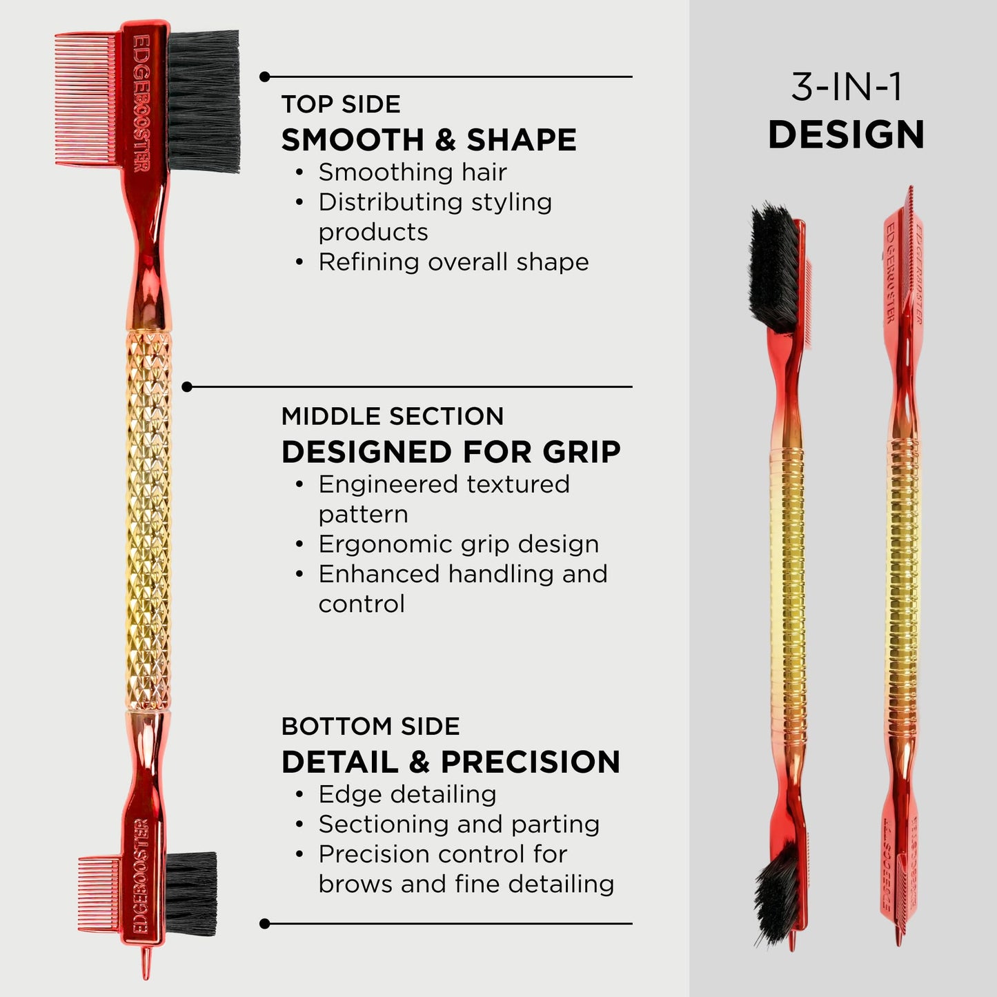 Style Factor EDGE BOOSTER Tri Brush Dual with Pin Tail – Double-Sided Edge Control Brush & Comb with Boar Bristles – For Edges, Slick Backs, Baby Hair Styling, and Taming Flyaways (Green Gold/Stripe)