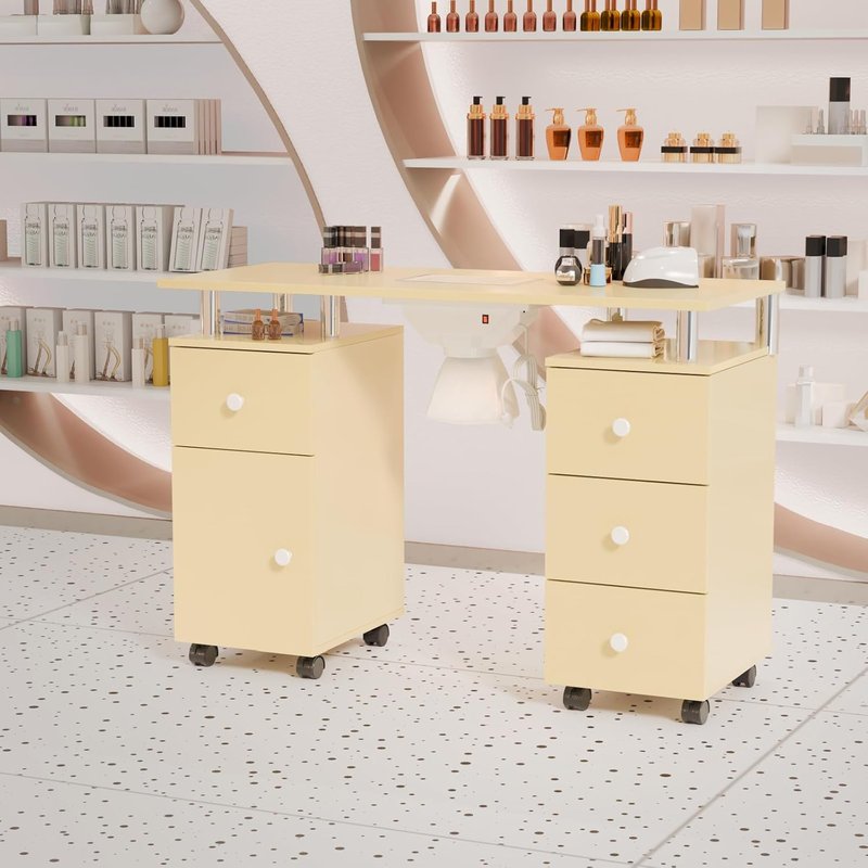 OmySalon Nail Desk - Electric Dust Collector Manicure Table with Storage & Wheels | Almond Cream, 42.5''L