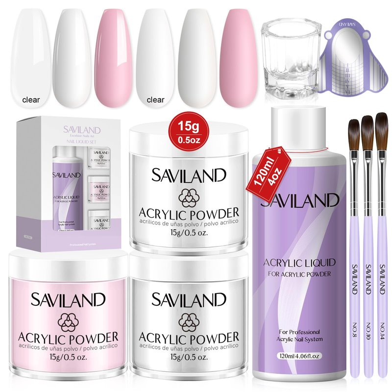 Saviland Acrylic Nail Kit for Beginners - Clear White Pink Acrylic Powder and Liquid Set 4oz Acrylic Liquid Professional Acrylic Nail Brushes for Starter Salon Home Practice DIY Nail Extension Carving