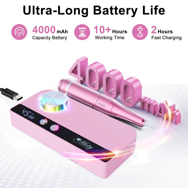 Alety Nail Drill Professional 45000RPM Electric Nail File Kit, Upgraded AC450F Nail Drill Machine for Acrylic Gel Nails, Rechargeable Salon-Grade E-File Set, Manicure Nail Tools with 11 Gold Bits