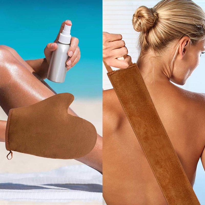 FUNAN Self Tanning Applicator Kit with Tanning Glove for Self Tan Mitt, Back Lotion Applicator, Mini Mitt and Ultra Soft Self Tanner Brush Bamboo Kabuki Brush, Brown