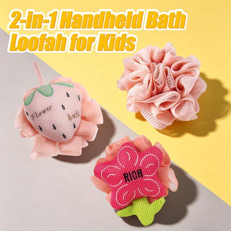 Kids Loofah, Cute Cartoon Animal Kids Bath Sponge with Hanging Rope, Soft Double Mesh for Rich Lather (Pink Strawberry)
