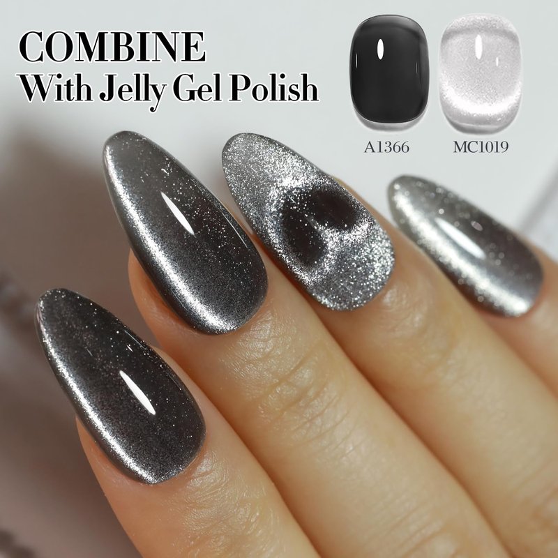 Double Rhythm Cat Eye Gel Polish - 0.5 OZ Holographic Glitter Magnetic Polish | Silver Translucent Jelly Color