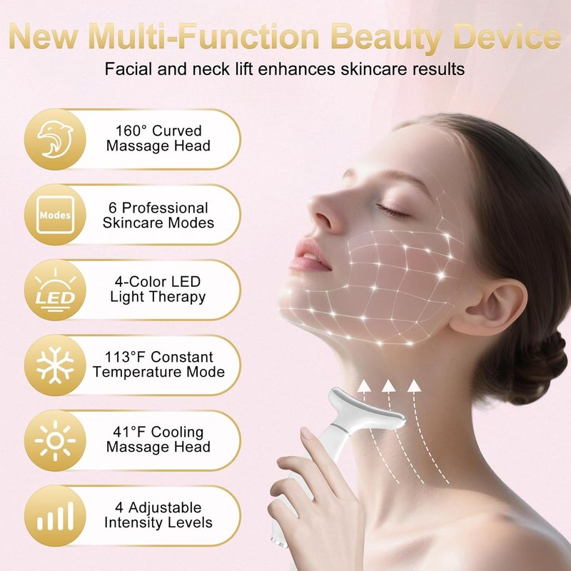 LED Facial Massager - Micro-Current Vibration & Light Therapy for Wrinkles | 4 Color Options, Cold & Hot Treatment