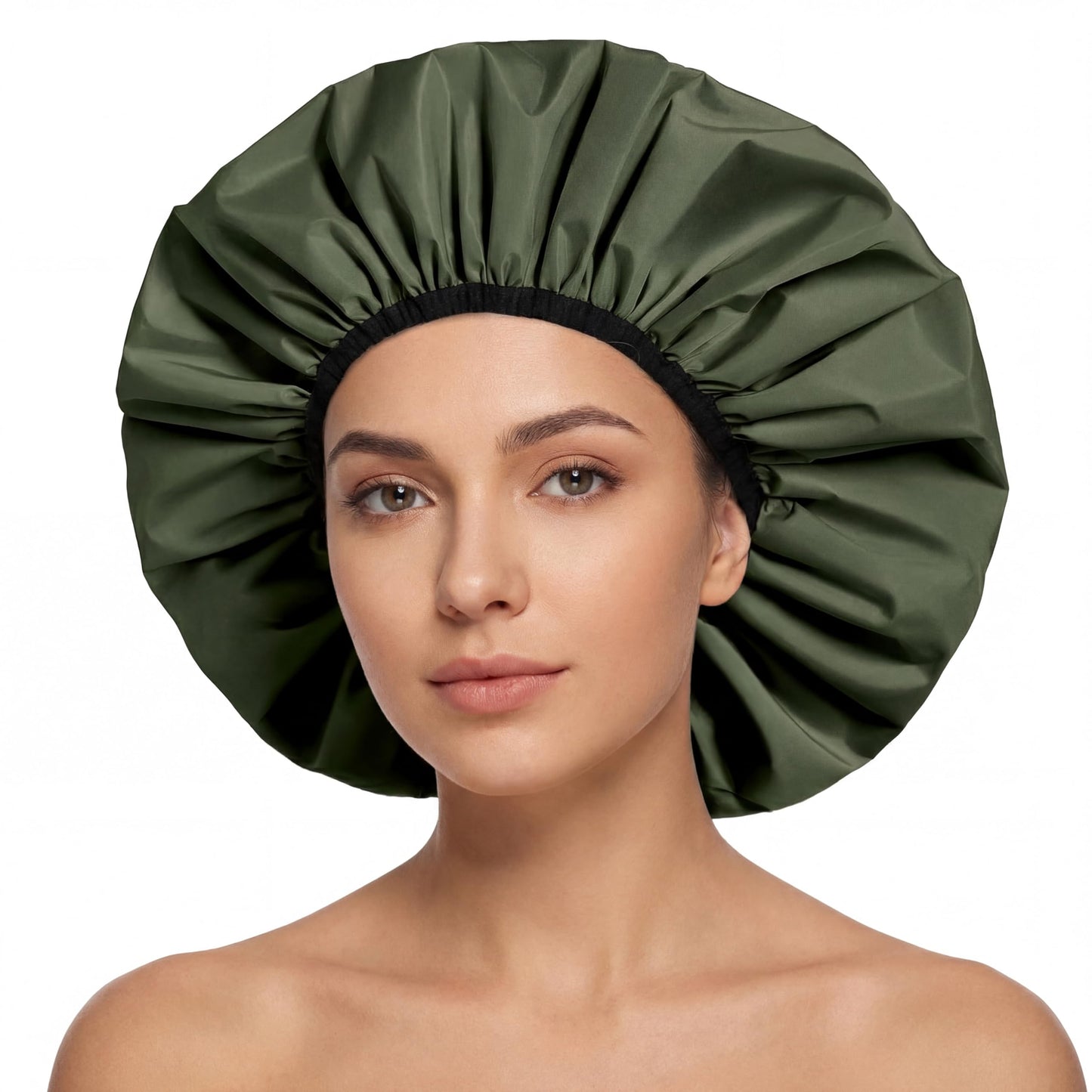 Extra Large Shower Cap for Women, Reusable Waterproof Shower Bonnet with Satin Lining, Double Layer Washable Bath Hair Cap for Braids, Locs, Long Thick Curly Hair, Natural Hair(Big Green)
