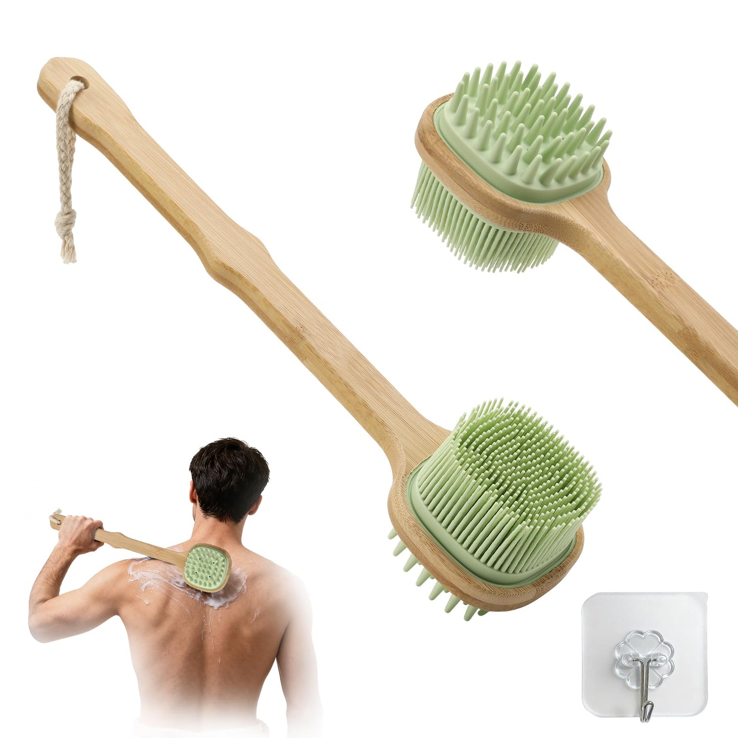 Silicone Back Scrubber for Shower, Silicone Bath Body Brush Loofah with Long Handle, Dual-Sided Shower Brush for Body, Green Exfoliating Body Scrubber for Men Women, Back Washer for Men with Hook
