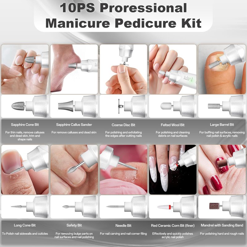 Electric Nail File Drill, Cordless 2000 mAh Rechargeable Nail Filer Electric, Portable Nail Dril Machine Drill for Nails Acrylic Manicure and Thick Toenails Buffer Grinder Care Professional (Silver)