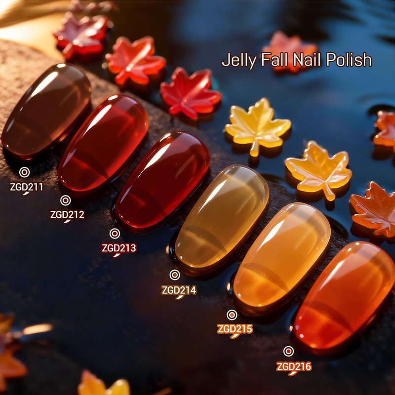 OpenLive 10ml Fall Jelly Nail Polish Set 6 Colors Gold Maple Leaf Pumpkin Yellow Burnt Orange Art Nail Polish Quick Dry for Women Girls Gift