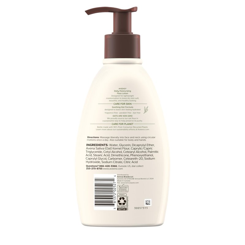 Aveeno Daily Moisturizing Face Lotion with Soothing Prebiotic Oat, Gentle Lotion Nourishes Normal to Dry Skin With Moisture, Sensitive Skin, Fragrance-Free, 12 fl. oz
