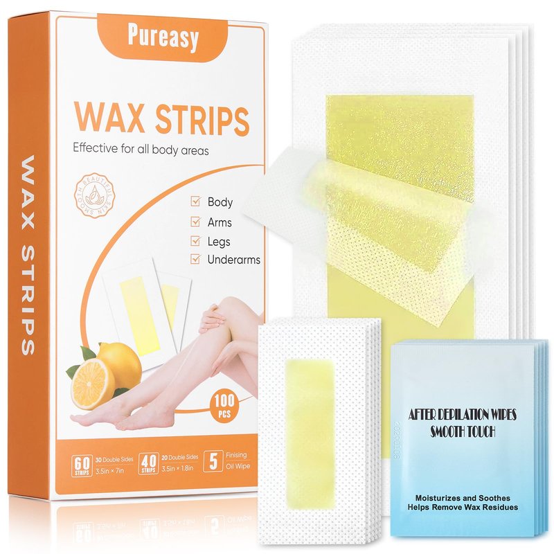 100 PCS Wax Strips for Hair Removal: 40 Facial & 60 Body Hair Removal Waxing Kit with Calming Oil Wipes - For Face, Eyebrow, Body, Arms, Legs, Bikini Area