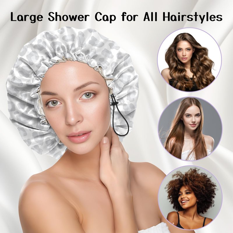 Deokke Luxury Shower Cap Silk Satin Lined Waterproof Reusable Adjustable Elastic Dry Hair Bathing Caps Cute for Women Girls-Gray Cheetah Leopard