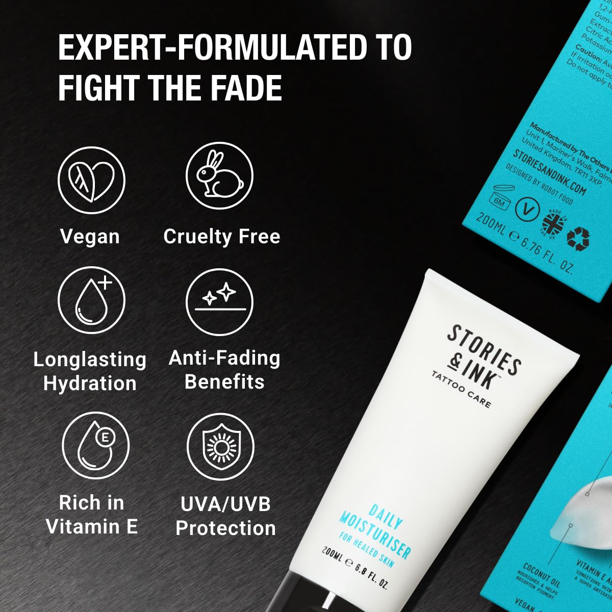 Stories & Ink Tattoo Care | DAILY MOISTURIZER for Healed Tattoos | Fast-Absorbing Hydrating Lotion with Advanced UV Ink Protection to Help Prevent Fading, 200 mL / 6.8 Fl Oz